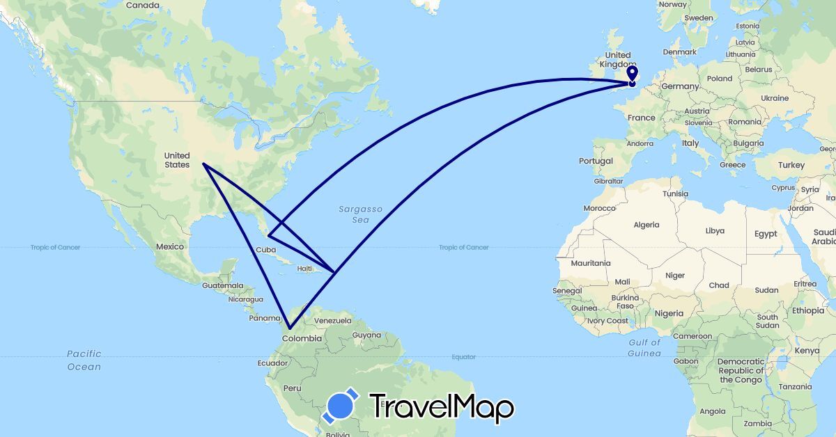 TravelMap itinerary: driving in Colombia, United Kingdom, United States (Europe, North America, South America)